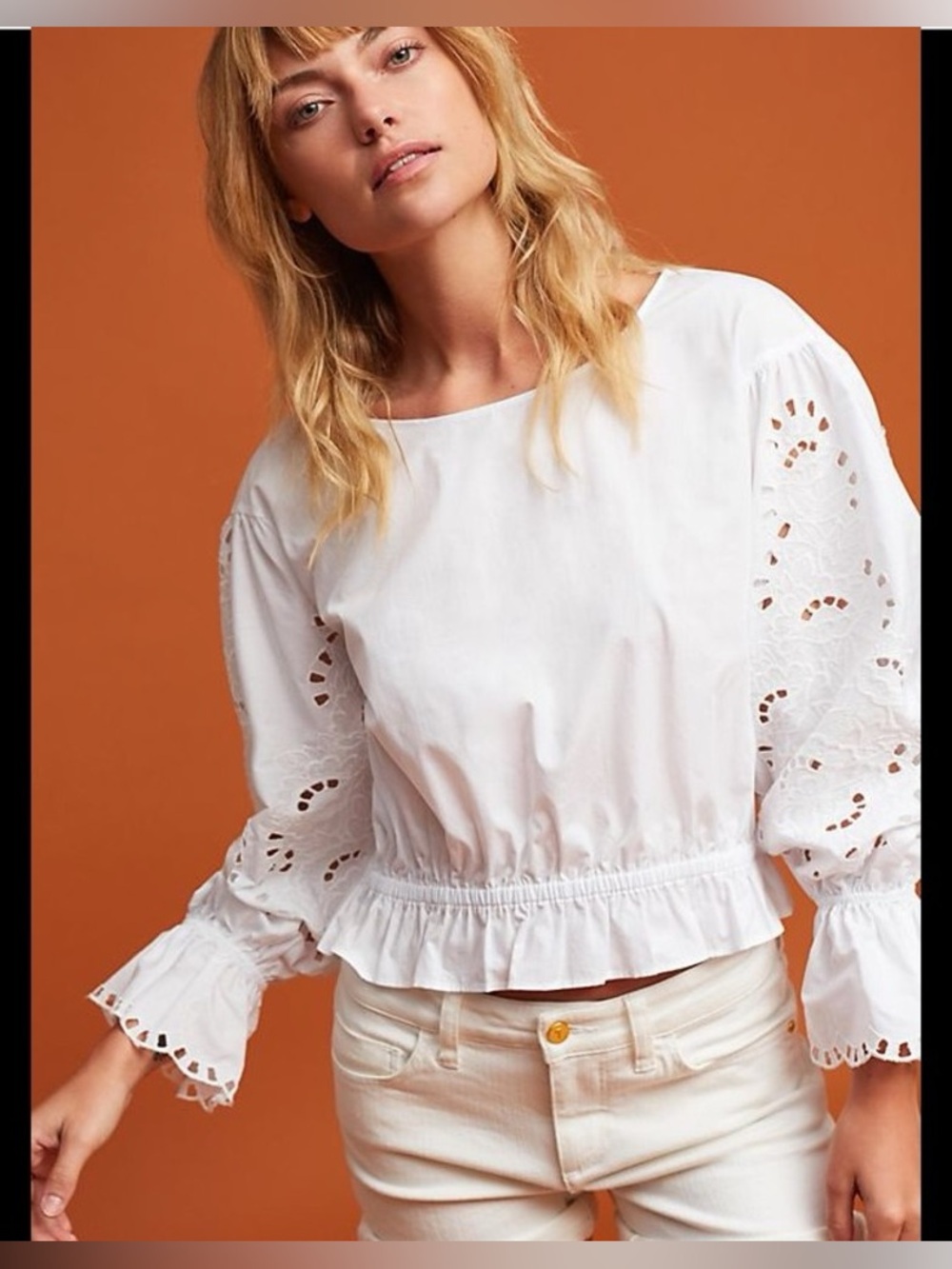 Maeve Anthropologie White Eyelet Cropped Peplum Bell Sleeve Boho Top Sz S